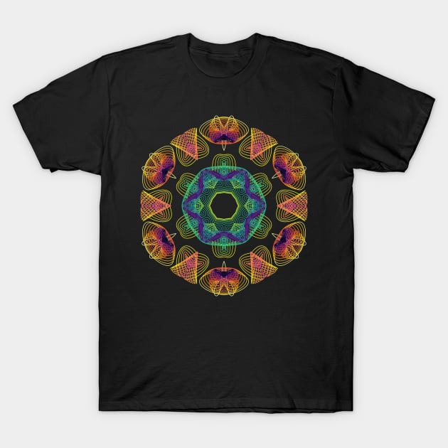 Wormhole Kaleidoscope | Harmonograph Green Blue Yellow Black T-Shirt by aRtVerse